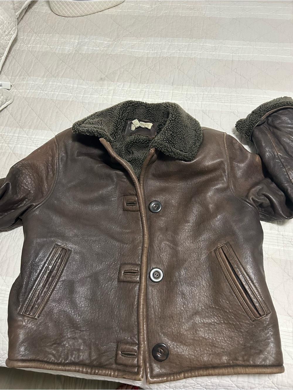 Women's Brown Leather Military-Style Sherpa Jacket